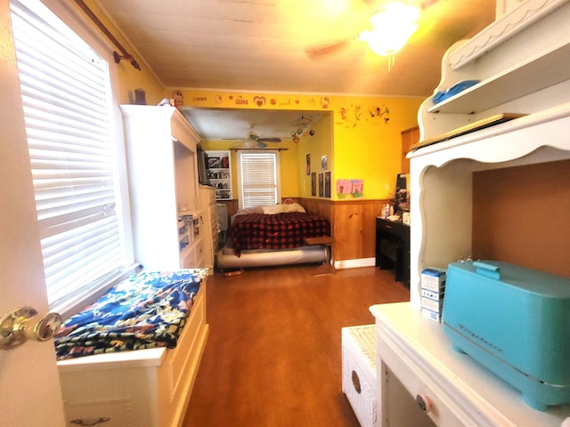 interior space with hardwood / wood-style flooring and wooden walls