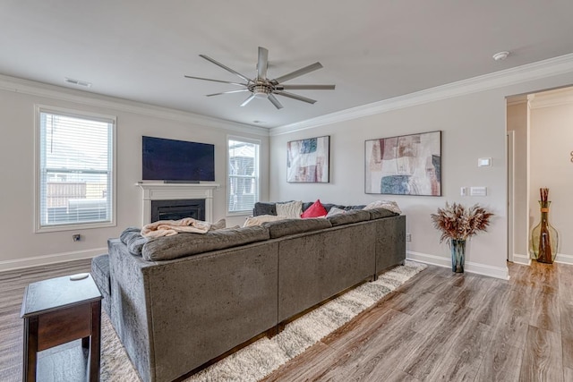 living room featuring ornamental molding, ceiling fan, and light hardwood / wood-style floors