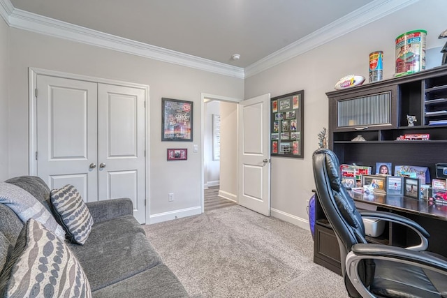 carpeted office featuring ornamental molding