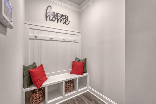 mudroom featuring dark hardwood / wood-style flooring and crown molding