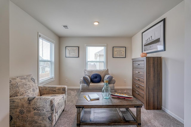 sitting room with carpet floors and a wealth of natural light