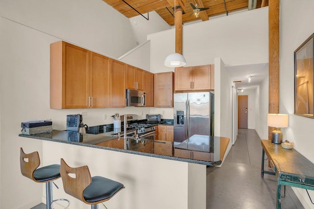 kitchen featuring dark stone countertops, a towering ceiling, kitchen peninsula, and appliances with stainless steel finishes