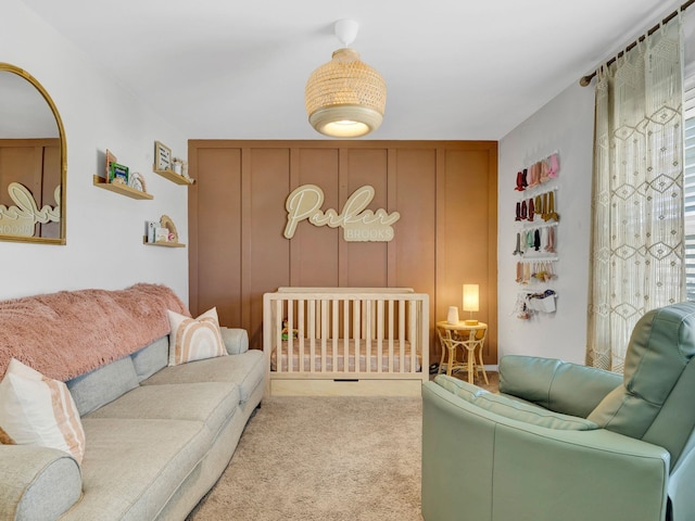 bedroom with light carpet