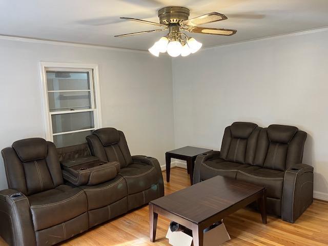 living room featuring ceiling fan, crown molding, and light wood-type flooring