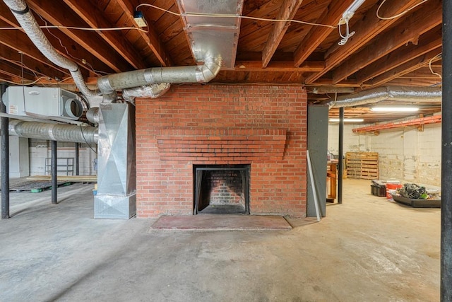 basement featuring a fireplace