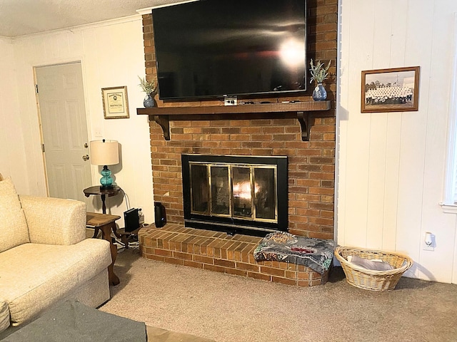 details featuring a brick fireplace, wooden walls, carpet, and a textured ceiling