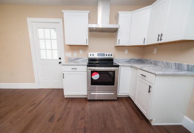 kitchen with white cabinets, stainless steel electric range, and wall chimney exhaust hood