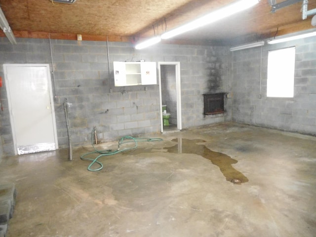 basement featuring a wood stove