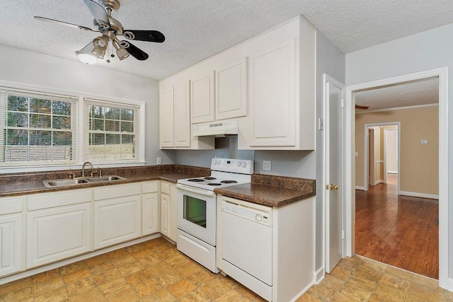 kitchen with sink, white cabinetry, a textured ceiling, ceiling fan, and white appliances