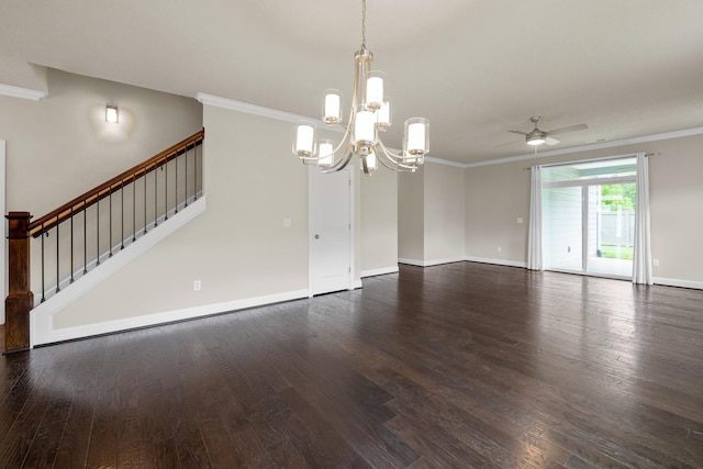 interior space featuring crown molding, dark hardwood / wood-style flooring, and ceiling fan with notable chandelier