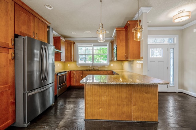 kitchen featuring pendant lighting, sink, kitchen peninsula, stainless steel appliances, and light stone countertops