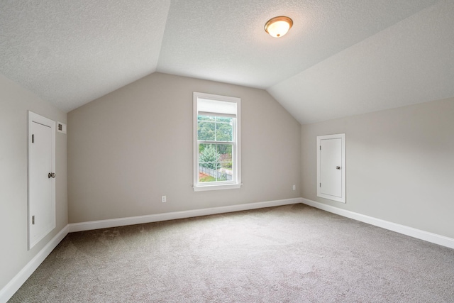 additional living space featuring lofted ceiling, carpet flooring, and a textured ceiling