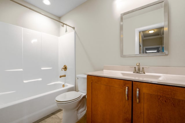 full bathroom featuring shower / tub combination, vanity, tile patterned floors, and toilet