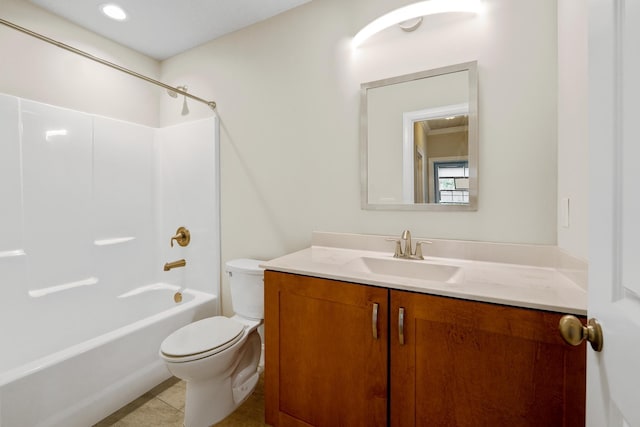 full bathroom featuring tile patterned floors, toilet, shower / bathing tub combination, and vanity