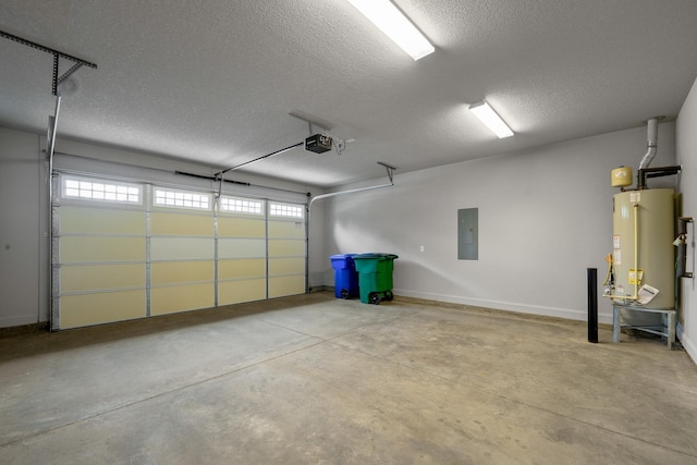 garage with a garage door opener, electric panel, and gas water heater