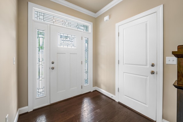 entryway with crown molding and dark wood-type flooring