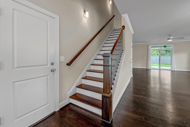 stairway featuring crown molding, ceiling fan, and hardwood / wood-style flooring