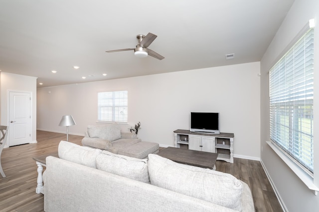 living room with ceiling fan and dark hardwood / wood-style flooring