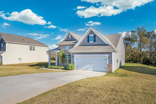 craftsman inspired home with a garage and a front yard