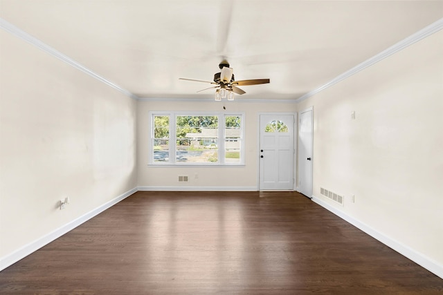 unfurnished living room featuring crown molding, dark wood-type flooring, and ceiling fan