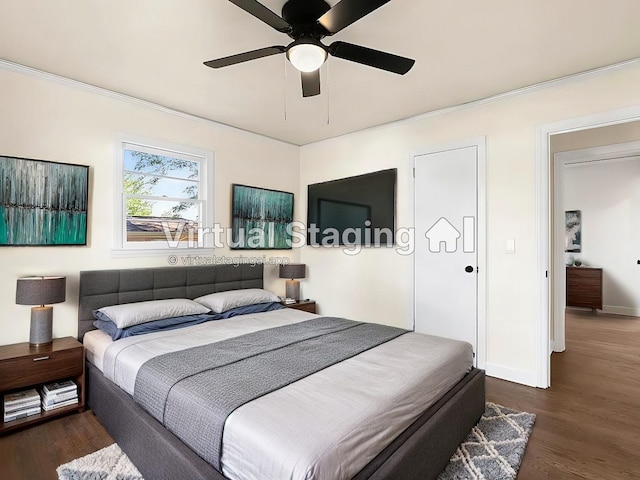 bedroom featuring dark wood-type flooring and ceiling fan