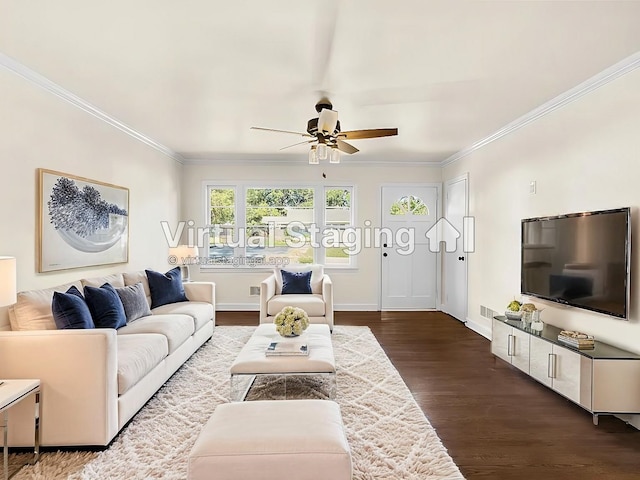 living room featuring ornamental molding, ceiling fan, and dark hardwood / wood-style flooring