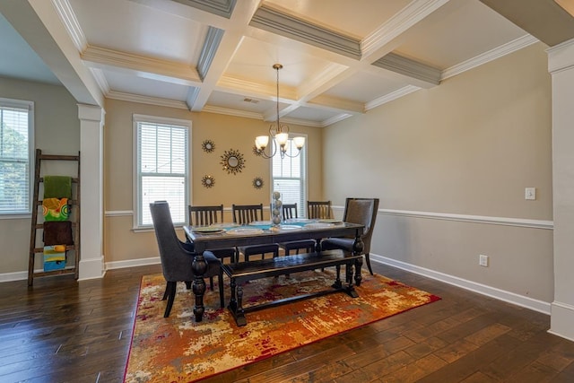 dining area featuring beamed ceiling, ornamental molding, coffered ceiling, and dark hardwood / wood-style floors