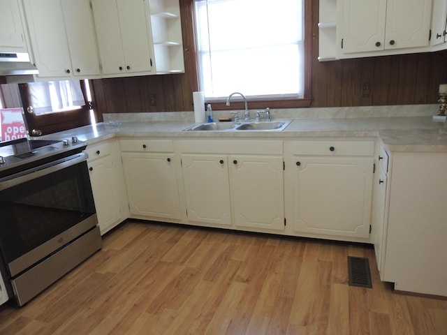 kitchen with sink, light hardwood / wood-style flooring, white cabinets, and stainless steel electric range oven