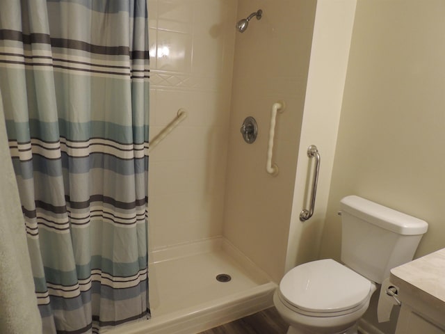 bathroom featuring toilet, vanity, and walk in shower