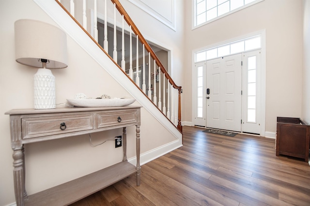 foyer featuring dark hardwood / wood-style flooring and a high ceiling