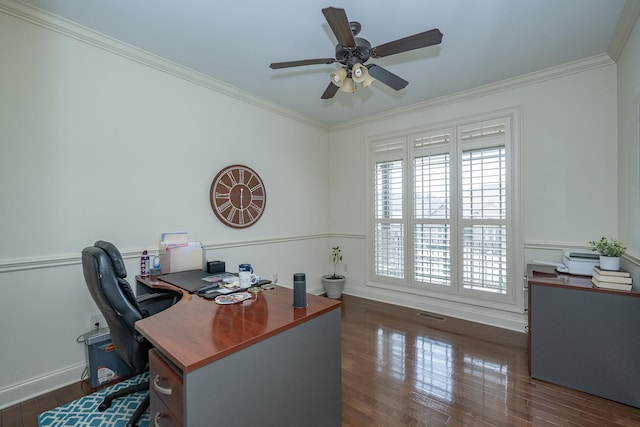 office area with ornamental molding, dark wood-type flooring, and ceiling fan