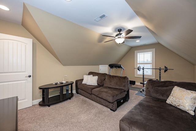 living room featuring ceiling fan, light colored carpet, and lofted ceiling