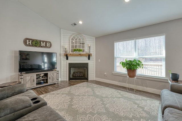 living room with lofted ceiling, a fireplace, and wood-type flooring