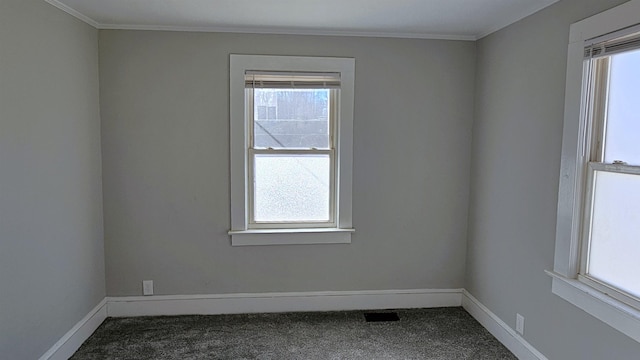 unfurnished room with crown molding and carpet floors