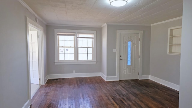 entryway featuring dark wood-type flooring and ornamental molding