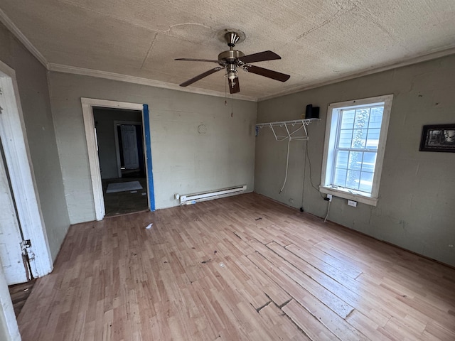 unfurnished bedroom with crown molding, a baseboard radiator, a textured ceiling, and light wood-type flooring