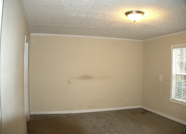 carpeted empty room featuring crown molding and a textured ceiling