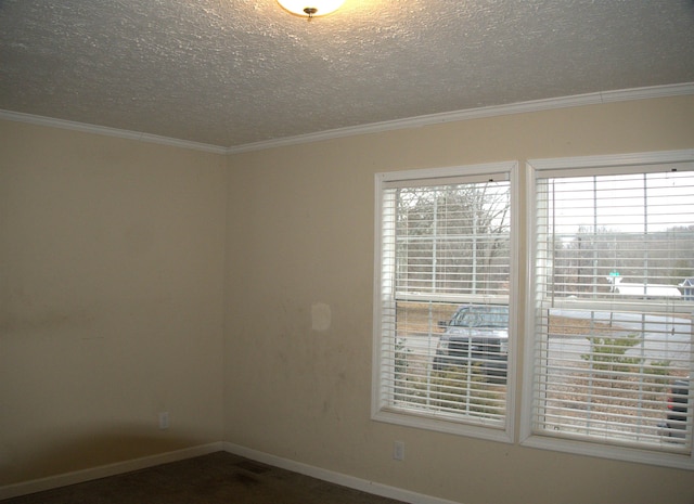 spare room featuring crown molding and a textured ceiling