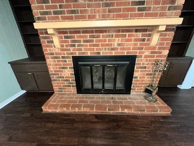 details with wood-type flooring and a fireplace