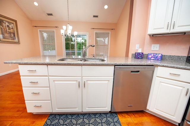 kitchen featuring sink, white cabinetry, vaulted ceiling, dishwasher, and kitchen peninsula