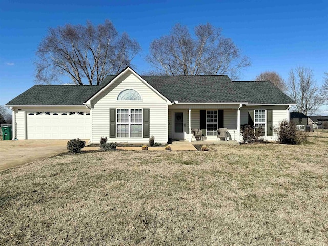 single story home featuring a garage, covered porch, and a front lawn