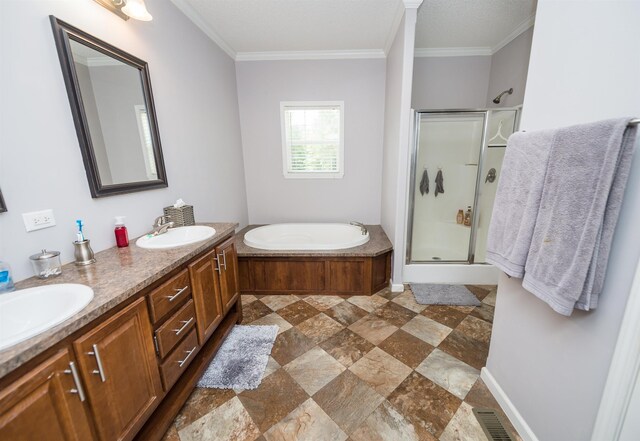 841 Browning, Enoree, SC 29335 - bathroom with plus walk in shower, vanity, and crown molding