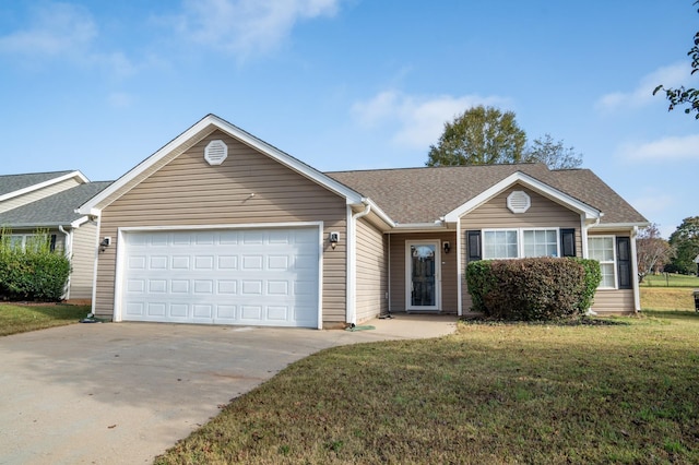 ranch-style house with a garage and a front yard