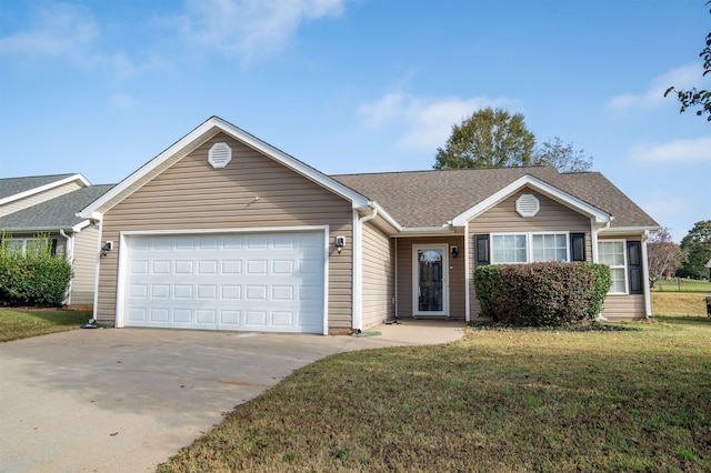 ranch-style home with a garage and a front yard