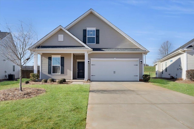 view of front of home with central AC unit, covered porch, and a front lawn