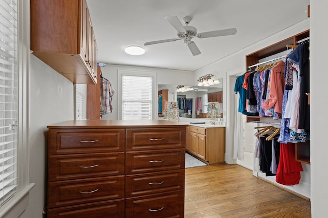 spacious closet featuring ceiling fan, sink, and light wood-type flooring