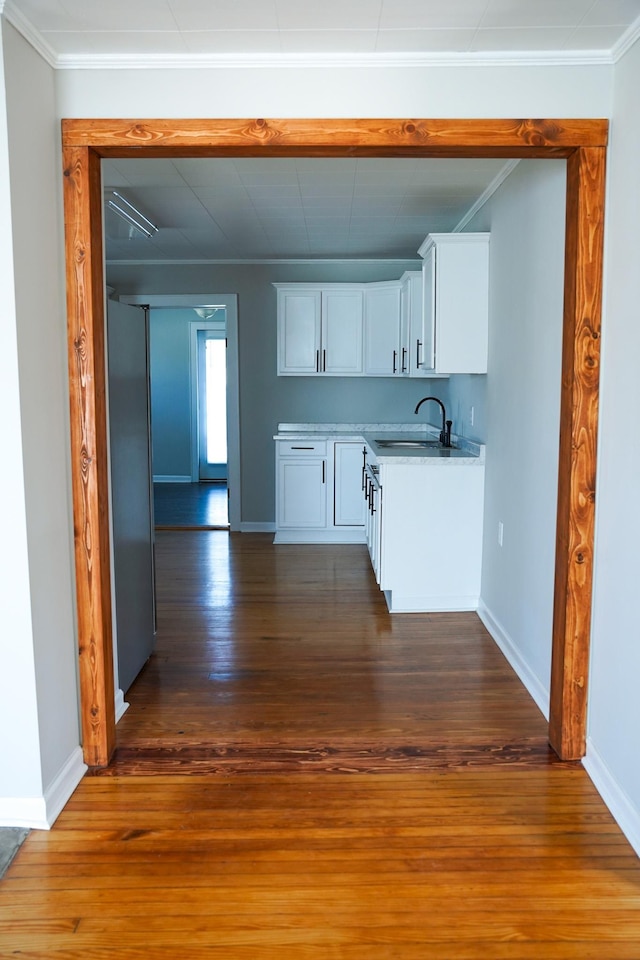 kitchen featuring white cabinetry, sink, dark wood-type flooring, and crown molding