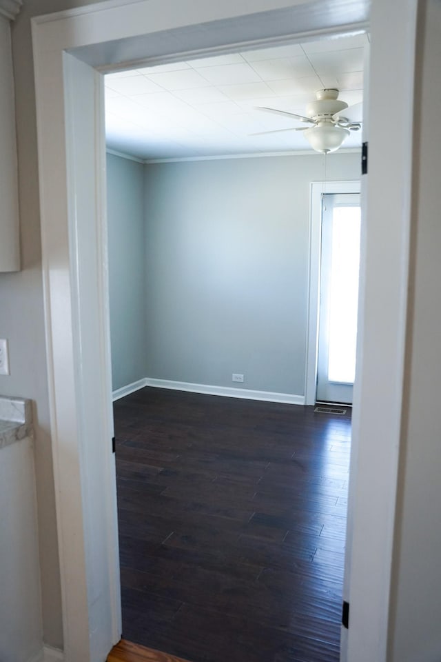 spare room featuring ceiling fan and dark hardwood / wood-style flooring