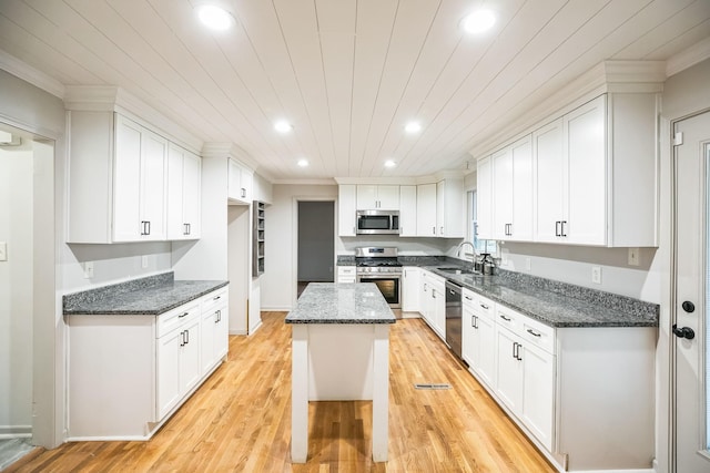 kitchen with sink, white cabinetry, a center island, dark stone counters, and stainless steel appliances