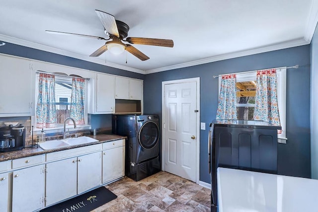 laundry room featuring crown molding, sink, and ceiling fan